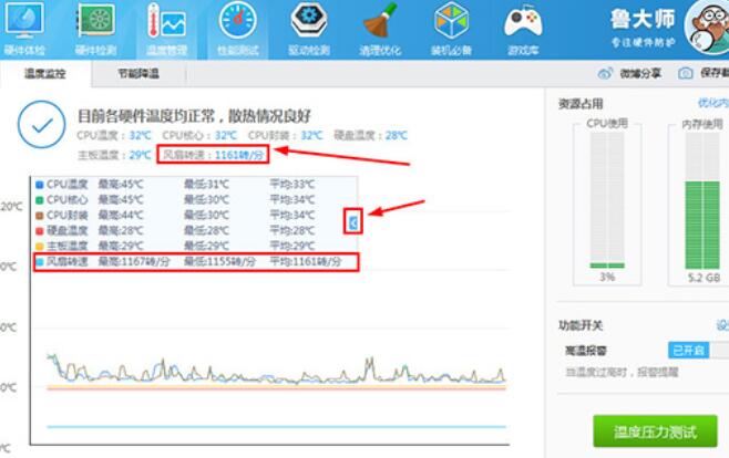 魯大師檢測筆記本風(fēng)扇轉(zhuǎn)速的操作方法截圖